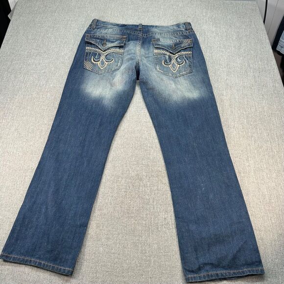 Degree Jeans‎ Mens 36x32 Blue Slim Straight Denim Faded Embroidered - Picture 1 of 10
